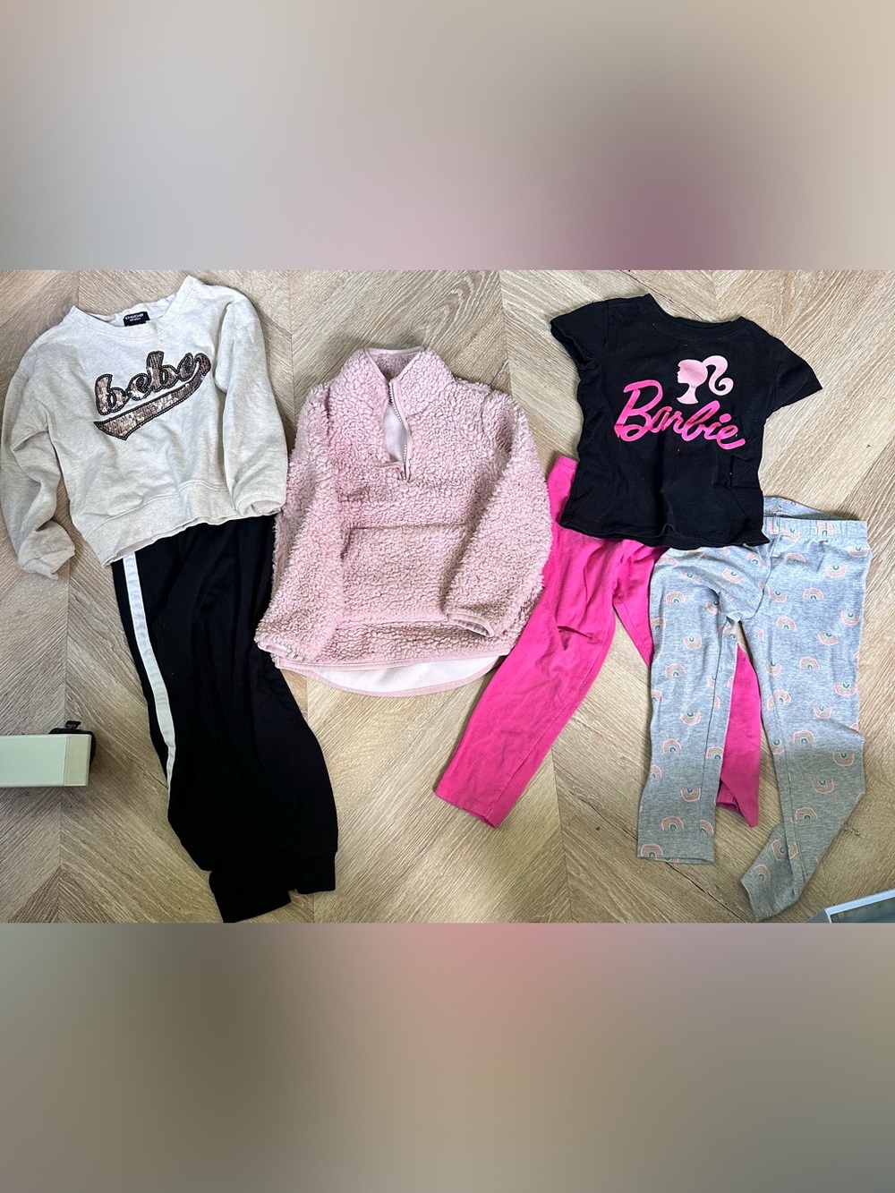 Girls clothing bundle Pink Sherpa Half-Zip Pullover, leggings, Bebe, Barbie 5T